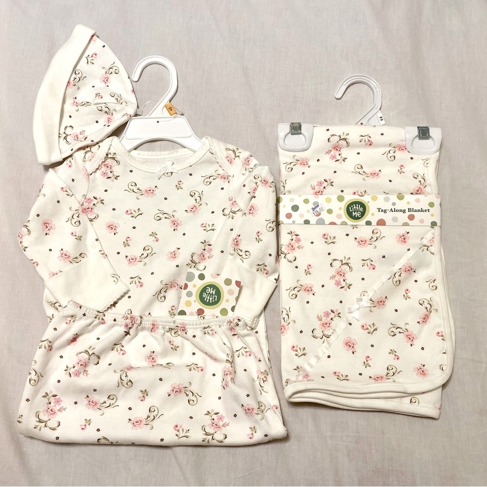 NWOT Little Me Rose Sleeping Gown, Hat & Blanket